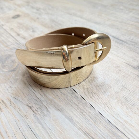 Vintage Gold Leather Belt Made in USA ML Statement Oval Buckle Minimalist main image 7